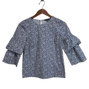 Women’s J. Crew Mercantile Navy Blue Floral Ruffle Sleeve Blouse